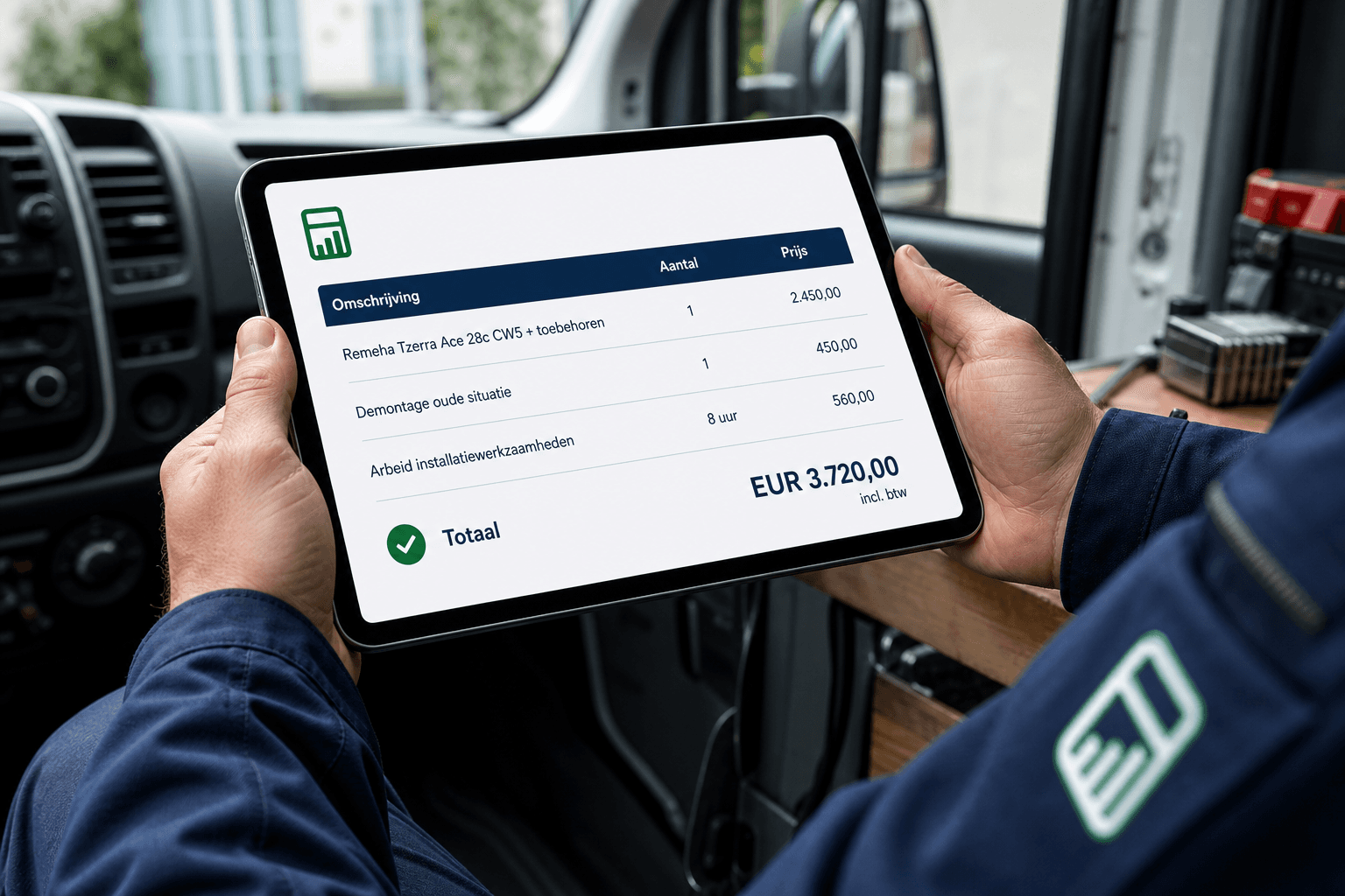 Offerte met totaalbedrag op de iPad in de bus