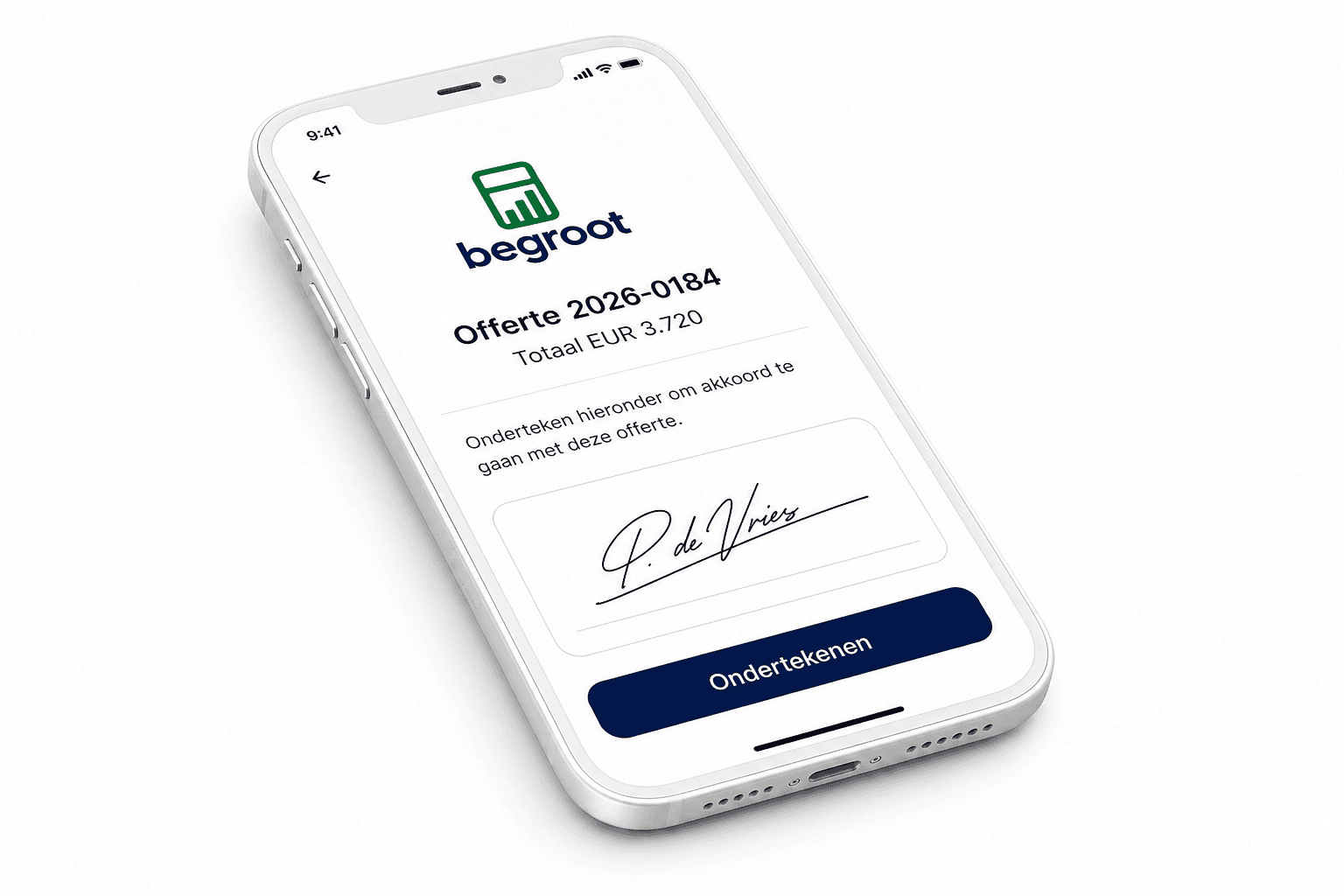 Klant tekent de offerte op de telefoon